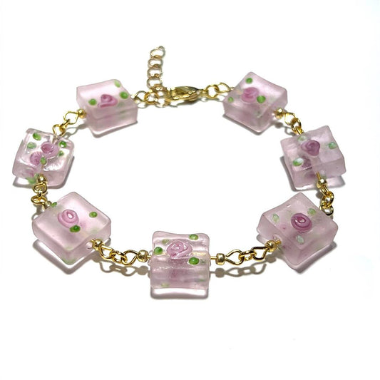 Pulseira Murano Quadrada em Vidro Rosa