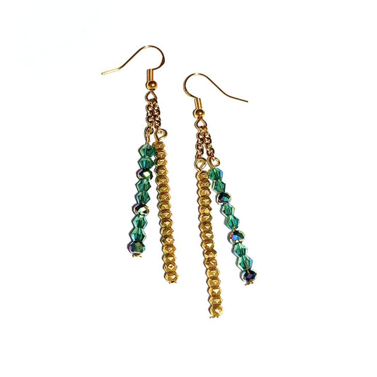 Beaded Sticks Green and Gold Earrings