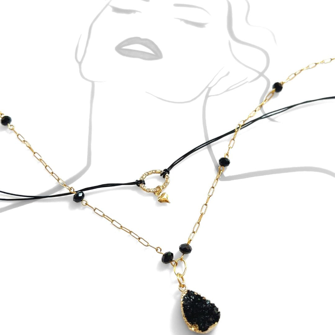 Leather Black Cord and Beads Layered Necklace