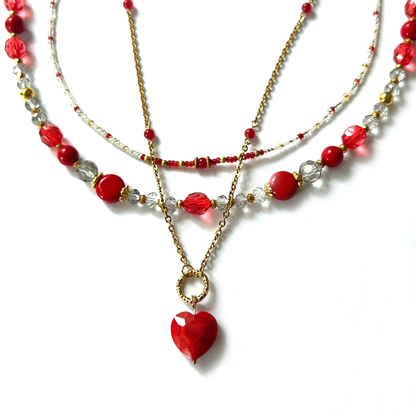 Red Triple Layer Beaded Necklace